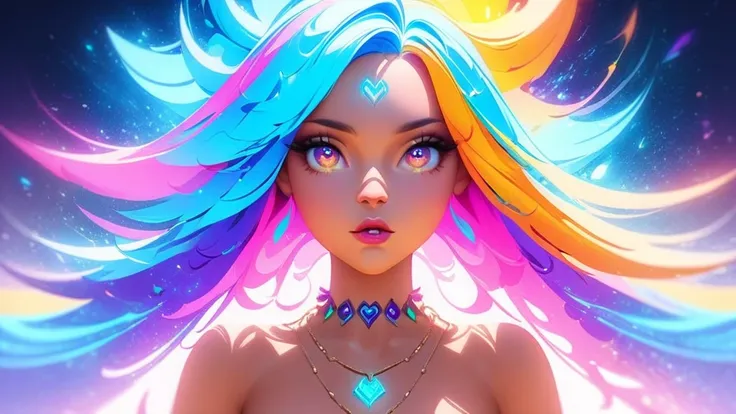 a close up of a woman with colorful hair and a necklace, anime girl with cosmic hair, rossdraws pastel vibrant, artwork in the s...