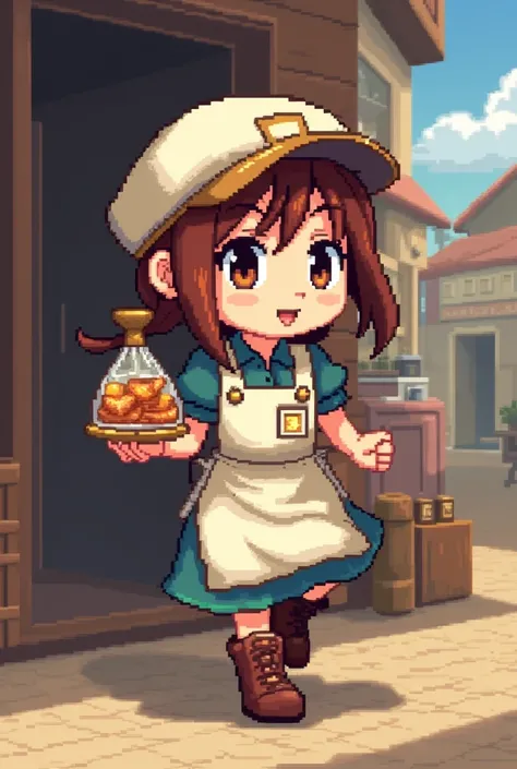 Create a 16x16 pixel art character in the style of Chrono Trigger, 3-heads tall, female shopkeeper in motion. The character should have a shop apron or retail uniform, holding items like products
