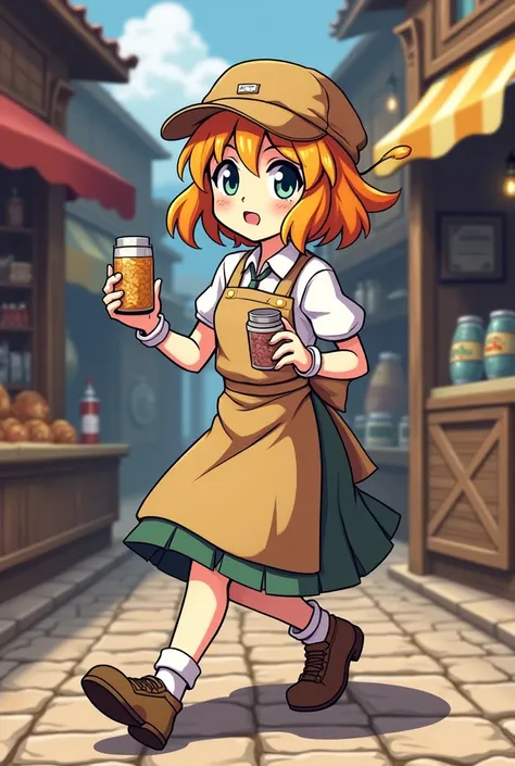 Create a 16x16 pixel art character in the style of Chrono Trigger, 3-heads tall, female shopkeeper in motion. The character should have a shop apron or retail uniform, holding items like products
