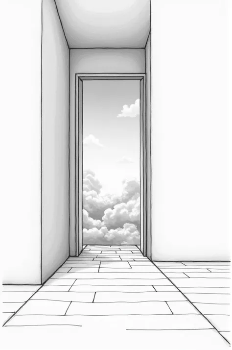 Draw a wall with a door and the door is more towards the left side leaving the right wall wider erase a door Make the perspective frontal and with the new wall everything very clean On one side of the wall make a picture of a sky with clouds and in the cen...