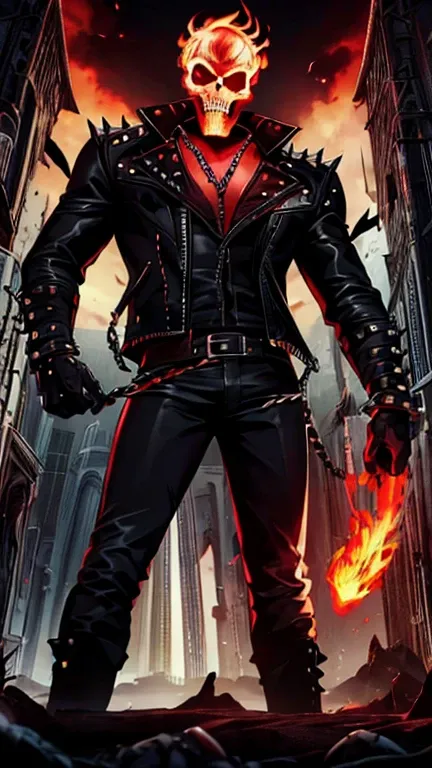 (1man, Ghostrider), (extremely detailed CG unit 8k wallpaper),(master part), (best quality), (ultra detail), (best illustration),(fairy_tail_style), (from the front view, cowboy shot, symmetrical composition, (Sharp eyeliner, ombre, detailed eyes:1), stand...