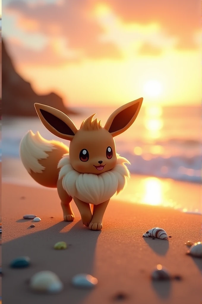 /imagine prompt: Eevee playing on a sandy beach at sunset, cute, adaptable, curious, surrounded by seashells and gentle waves lapping at the shore, creating a warm and nostalgic atmosphere, soft focus style with dreamy textures, illuminated by the golden h...