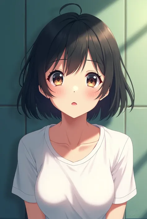 Anime Style　Short black hair　beautiful girl　１２age　D Cup　White T-shirt　Looking up　Top view　one person&#39;s