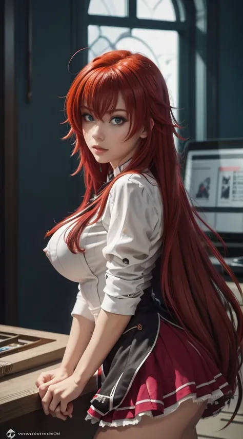 A  girl, sexypose, Nudie, The character rias gremory, fragile,rias, Beautiful figure,mini skirt, red hair,blue Eyes,unbottoned white shirt, sexy,big breasts, Realistic, Very detailed, handsome body, Detailed body, Detailed hands, Detailed, Vibrants, Detail...