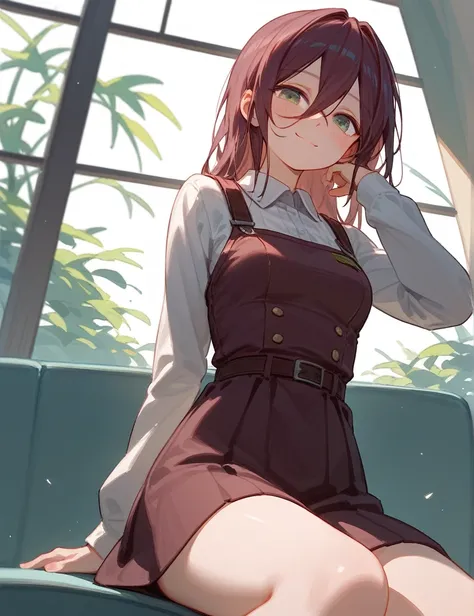 (from below:0.6), score_9_up,score_8_up,((Reze)), 1girl, solo, burgundy hair, long hair, ((blush)), closed mouth, smile, medium breast, pose, ((sitting)), (thin girl:1.2),