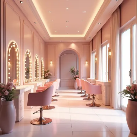 A simple beauty salon, but chic, inner part with pink tones and some flowers, showing chairs and mirrors. something realistic
