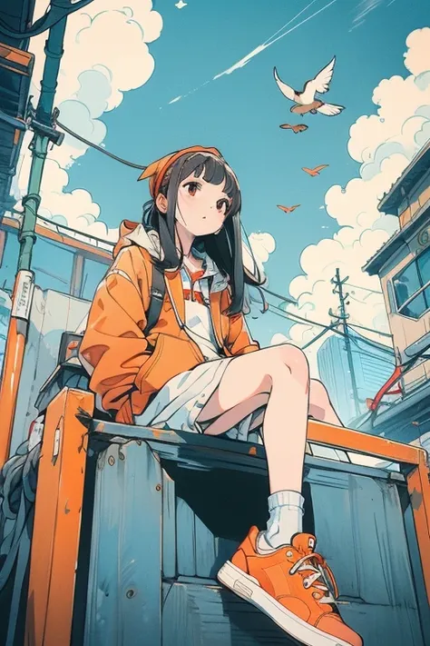 one person,orange shoes,alone,sitting,null,cloud,outdoor,black hair,bird,upward view,blue null,white socks,daytime,orange jacket...