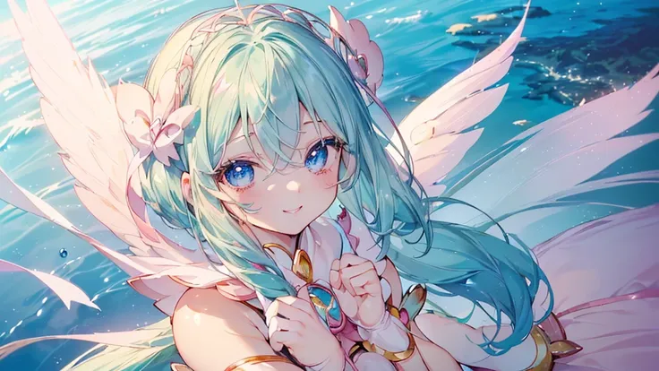 (Top view,), (((Highest quality、masterpiece、Ultra-fine、Ultra-fine、髪UP,Green Hair,Exquisite、16K,顔UP,Look up,The best smile,Full HD,)), ( ((summer,One person,かわいいMagical girl,)))Blue Eyes、Long eyelashes、White skin、(Pale pink lips、Pale pink cheeks、thin and lo...