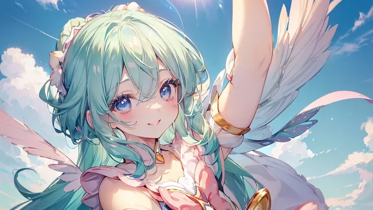 (Top view,), (((Highest quality、masterpiece、Ultra-fine、Ultra-fine、髪UP,Green Hair,Exquisite、16K,顔UP,Look up,The best smile,Full HD,)), ( ((summer,One person,かわいいMagical girl,)))Blue Eyes、Long eyelashes、White skin、(Pale pink lips、Pale pink cheeks、thin and lo...