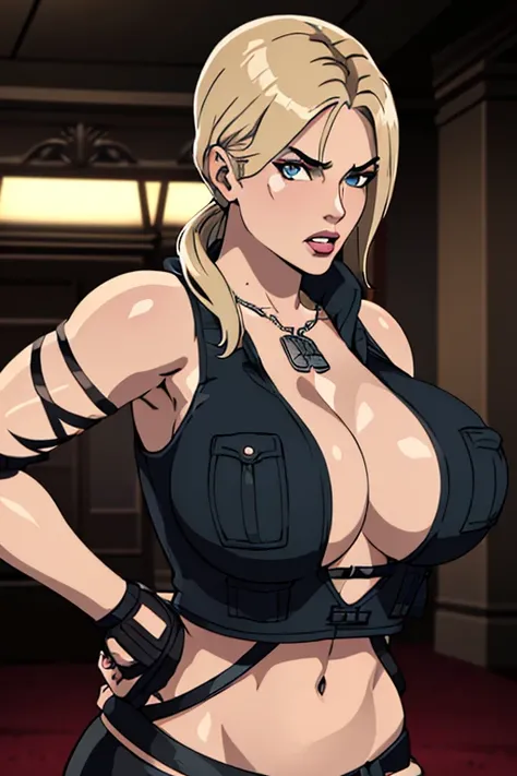 8k, best quality, intricate details, ultra-detailed, ultra highres, depth field, ,masterpiece  ((sonyablade)), european woman, cleavage, wearing a jacket, fingerless gloves, hand on hips, ((huge breasts: 1.4)),crop top, highly detailed eyes, blue eyes, fro...