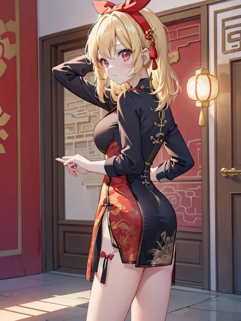 (red ribbon on hairband:1.2),masterpiece, best quality, highres, 1girl, solo, Blonde hair, RED eyes, High resolution, adult woman , good lighting, despicable, , (No nudity), (((China dress))), (()), ((())), (garter belt), abdomen only, (),  ,  cute face,em...