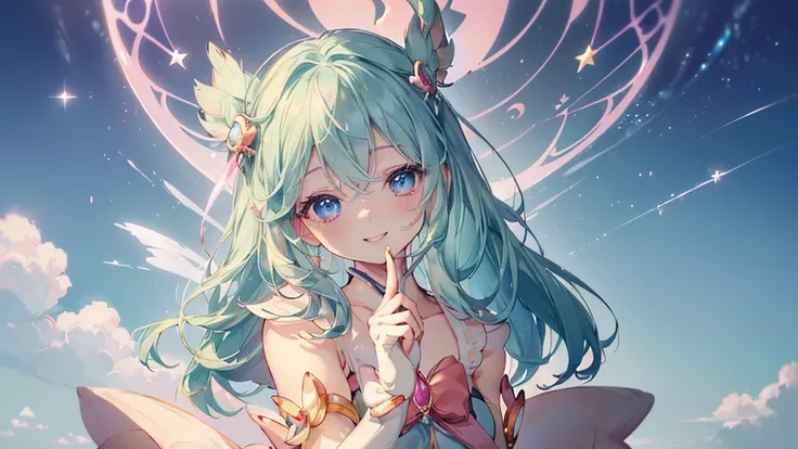 (Top view,Spread your hands), (((Highest quality、masterpiece、Ultra-fine、Ultra-fine、髪UP,Green Hair,Exquisite、16K,顔UP,Look up,The best smile,Full HD,)), ( ((summer,One person,かわいいMagical girl,)))Blue Eyes、Long eyelashes、White skin、(Pale pink lips、Pale pink c...