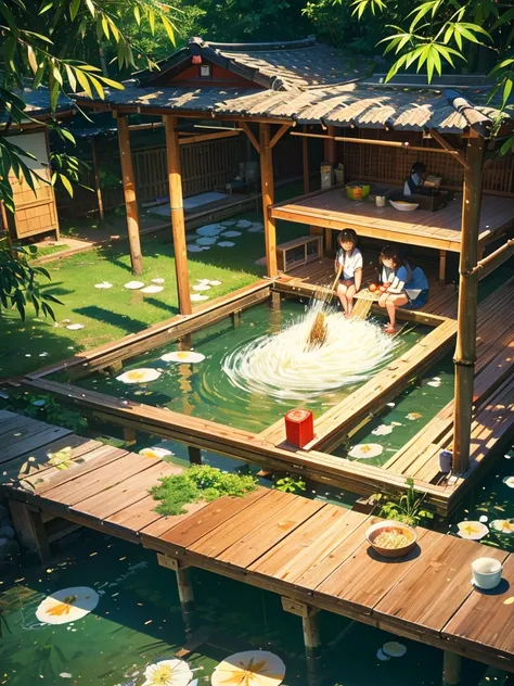 High resolution,High resolution,high quality,"Nagashi seeds" is one of Japans fun traditional summer activities. It typically involves using a long, split bamboo trough, which serves as a "flowing platform." Cold water flows from the top to the bottom of t...