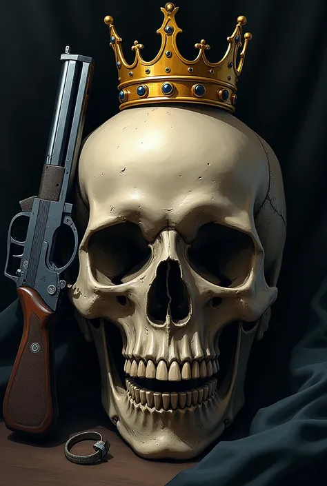 Skull and gun together with crown in the style of a criminal, drug dealer