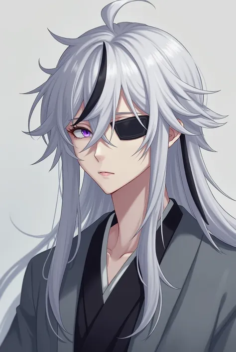 1boy, White hair with black strands ,long hair, lavender eyes, grey haori, calm, tired, tall, grey clothes, face shot, face, sharp eyes, black eyes, missing left eye, left eye covered, missing left eye, demon slayer uniform,