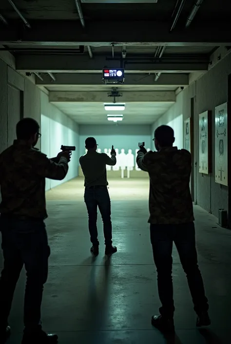 Dimly lit shooting range with 4 shooting positions and several targets far from each position. There are 2 people shooting pistols and 1 instructor dressed in a camouflage shirt and jeans watches the shooters from behind.