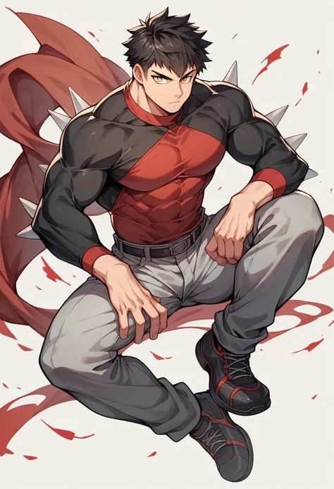 Anime style art, anime style drawing, front image, full body, muscular male character, protagonist, yellow eyes, short hair, hair with spikes, short hair, muscular character, wearing red long sleeve shirt, black sleeves, wearing gray pants, wearing charact...