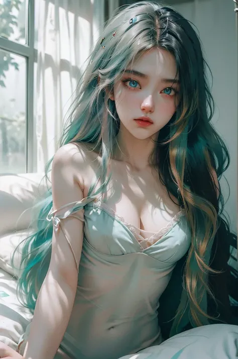 character, female, ((17 year old)),realistic (reality))), ((((1girl)))), long thick hair, wearing pastel green lingerie bikini, (( in bed.)) white silk sheets + pillow case [[ laying on the bed enticing pose]] (split-color hair, hair color slight Red mixed...