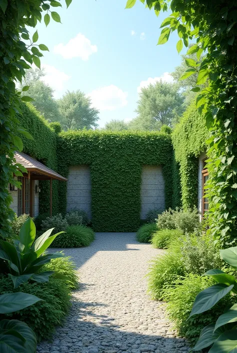 Natural garden landscape with plants around with loose stone floor and with stone wall and luxurious vertical garden behind and free space in the center of the image with clear sky