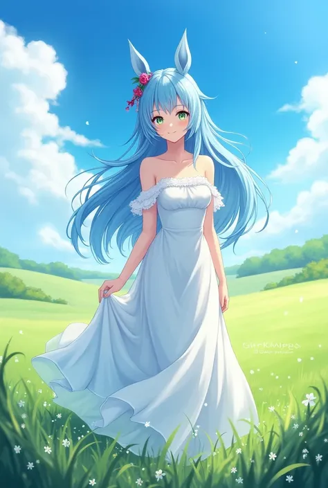 ((masterpiece, best quality)),(illustration),(detailedlight),((anextremelydelicateandbeautiful)),1girl,GodolphinArabian,long hair,blue hair,green eyes,horse ears,horse girl,hair_ornament,white dress, bare shoulders, ,sleeveless,evening dress,long dress,out...