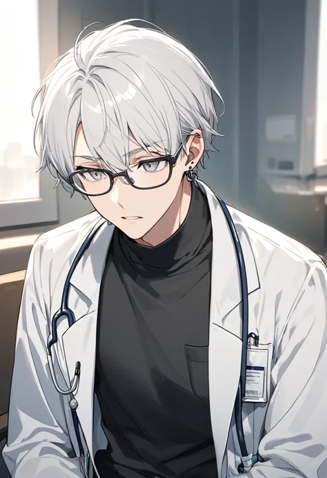 brother, alone, glasses, grey eyes, white hair, short hair, earrings, doctor&#39;s uniform, doctor&#39;s uniform, smiling face,