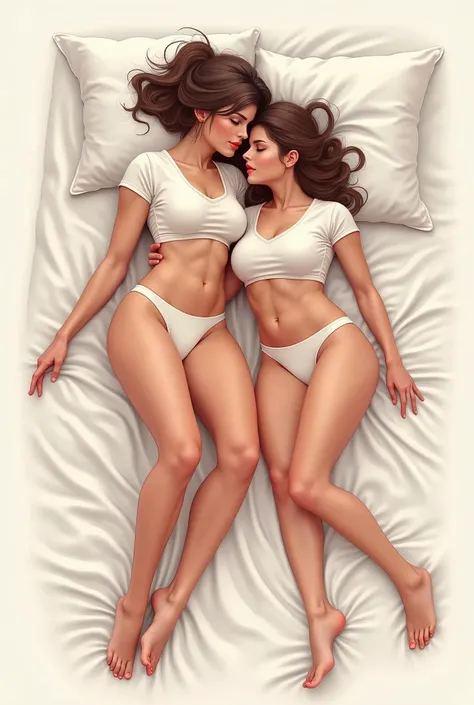 woman wearing only a plain t-shirt and panties, mounted facing forward on top of a man, on top of the bed, proportional drawing without background, isometric design, anatomical correct