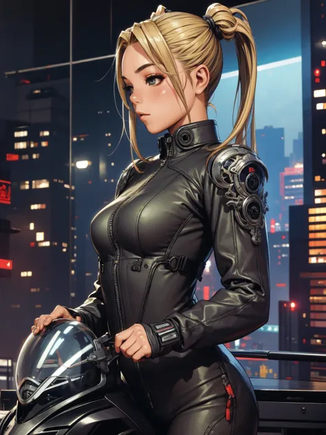 a very cute and wicked girl at the same time, biker clothes, motorcycle of the future, tokyo of the future, blonde, ponytails ha...