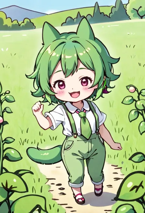 (((tkw))), (zndmn), solo, full body shot, chibi, green hair, short hair, green clothing, smile, outdoors, field, tail, open mout...