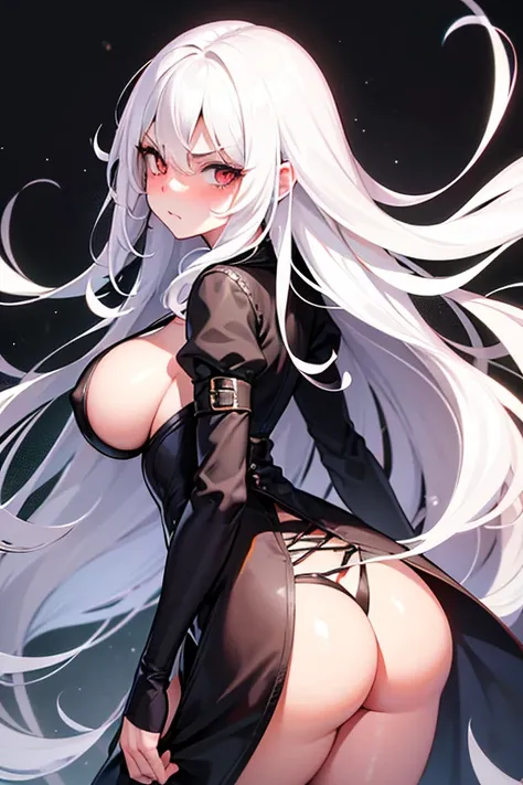 long eyelashes, solid circle eyes, ass pov, Wavy hair, long hair, White hair,  big boobies, eyeball, Expressions, Face, angry eyes, An expression of anger, stylish clothes, blush, looking ahead at viewer 