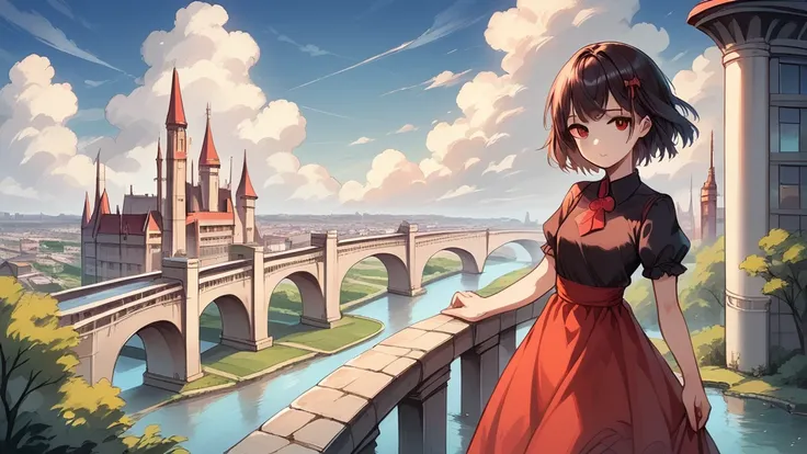 (masterpiece,newest,exceptional:1.2), anime,1girl,bangs,black_hair, beautiful 8k eyes,blue_sky,bridge,building,castle,city,citys...