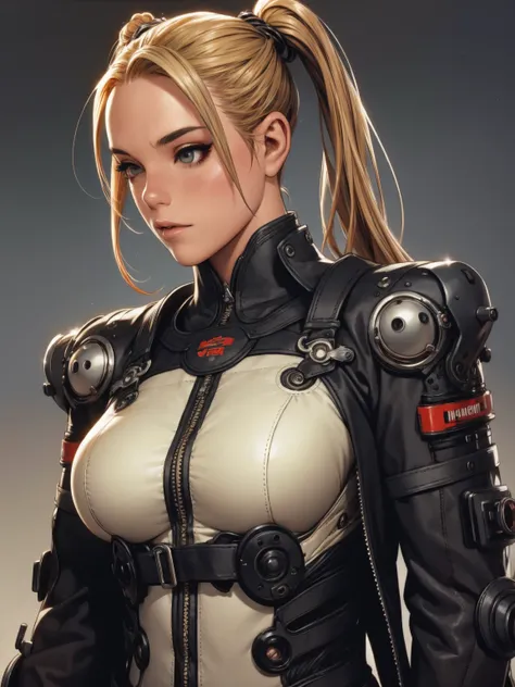 A very cute and wicked girl at the same time, biker clothes, Motorcycle of the future, Tokyo of the future, blonde, ponytails hair, cyberpunk biker jumpsuit, holding a skull shaped helmet, in the background a futuristic city with futuristic skyscrapers, ti...