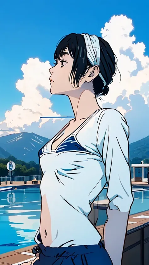 Master Painting、Highest quality、scenery、cumulonimbus、Pool、woman、Very depressive、Black Hair、Bobcut、Looking up at the sky、profile、Upper Body、Bikini Swimwear、Mid-chest、Japanese。