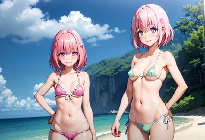 (Highest quality), (masterpiece), high resolution, Realistic texture, close,Beach、Extremely small sexy micro bikini
, momo velia deviluke, Sexy Pose、hair ornaments, Bobcut, Short Hair Pink Hair, Purple eyes, (Big Breasts),  , ,  (blush:1.2), smile,smile、Op...