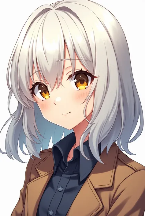 make a girl aged 15, with the style of the anime Tokyo Revengers, She has medium length white wavy hair, yellow eyes and white skin, make the anime line very strong, and the average bust 