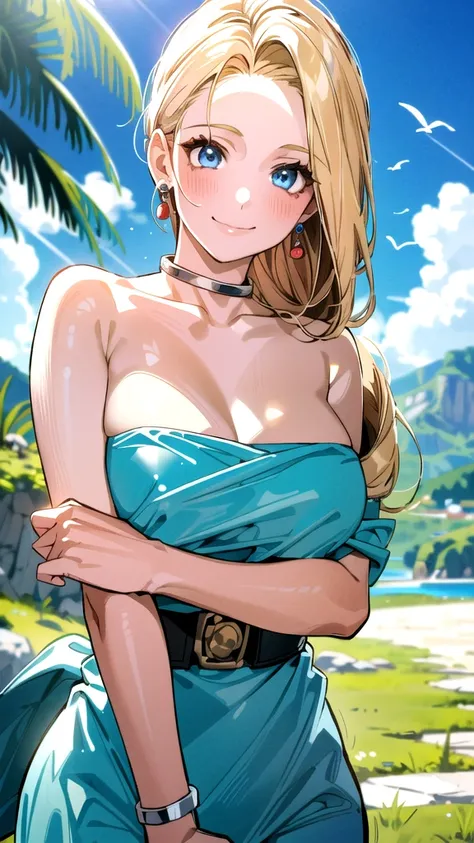 (masterpiece, Highest quality:1.2), 1 Girl, alone, One girl, Bianca, dq5, figure, Anime Style, Long Hair, Blonde、Over the shoulder hair, blue eyes, smile, blue、jewelry, Earrings, choker, bracelet, nature, Outdoor, blue sky、naked、full nudity、nsfw、