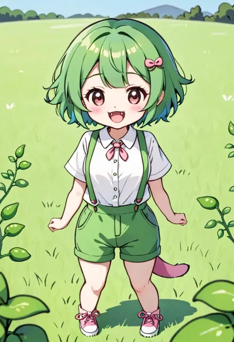 ((((tkw)))), (zndmn), solo, full body shot, (chibi), green hair, short hair, green clothing, smile, outdoors, field, a hair tail...