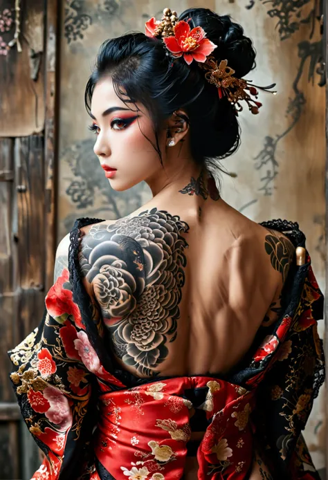 Create a hyper detailed photograph of a tattooed muscular young sexy japanese Geisha, Stunningly perfect gorgeous face, perfect makeup, detailed vibrant eyes, long hair, big beautiful muscular legs, big beautiful muscular arms, big back muscles, realistic ...