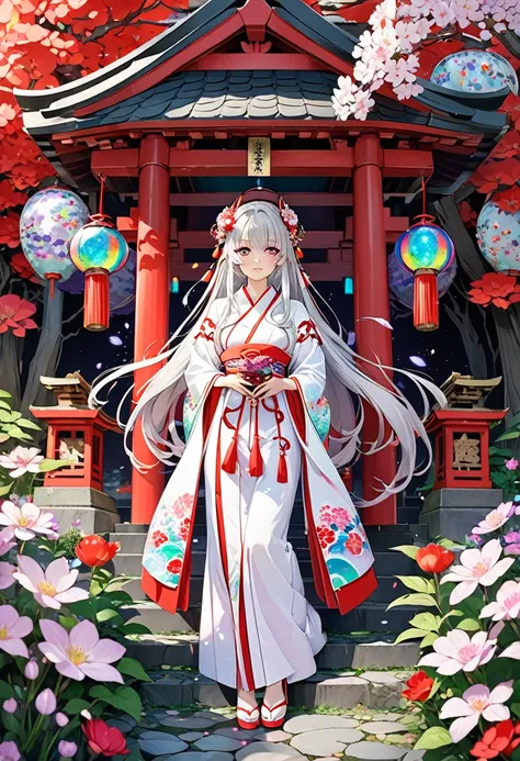 high definition、shrine maiden、half vermilion with long silver hair、full body portrait、beautiful girl、long-hemmed outfit、big irid...