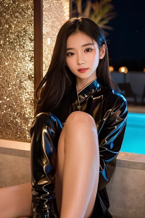 Latex bodysuit、Knee-high boots、Huge 、Long brown hair、Shiny, Oily skin、Glowing Skin、Indoor competition pool、White skin、 Beautiful woman in kimono，Body Portrait、8k，Beautiful and beautiful eyes，Dindal effect、masterpiece, 最high quality, high quality, High reso...