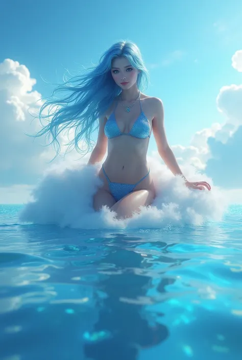 The air goddess with blue eyes and blue hair and likes to sit on a      soft blue cloud and is in a bikini hovering over the sea