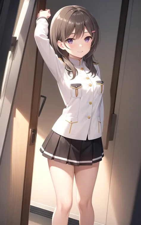 Highest quality, masterpiece, detailed,
Chinamoeka,
One person, Mouth closed, A light smile,
Brown Hair, Purple eyes, Long Hair, Hair Clip,
uniform, White jacket, Chest pocket, Black Skirt,
Are standing, View your viewers, Arms at your sides,
,white mouth ...