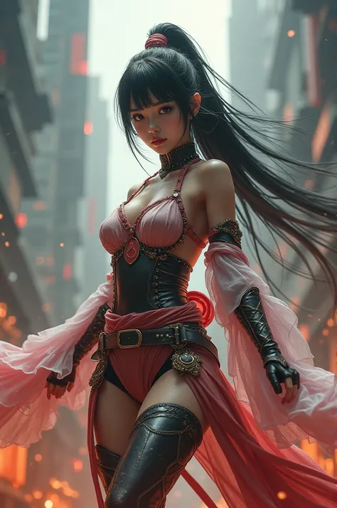 Highest quality　8K Japanese Beautiful Girl　Fantastic World　Futuristic costume　Fantastic Background　Long shot　whole body　Fantastic Building　Fighting stance　Sweat gushing forth　Fight the enemy　monster