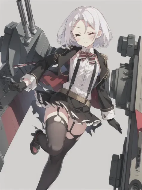 Vittorio_Veneto (warship girls r),((masterpiece)),(((best quality))),((ultra-detailed)),((illustration)),((disheveled hair)),((frills)),(1 girl),(solo),1girl, belt, belt buckle, black gloves, black legwear, black skirt, blush, cannon, damaged, gloves, jack...