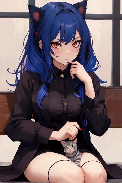 Cat, girl,sexxy clothes, red eye, blue hair, sit, cute expression, sulking 