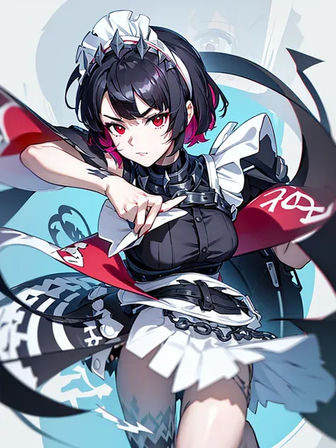 {1 anime girl with striking short dark hair, with vibrant red highlights, styled with sharp, jagged edges and adorned with a spi...