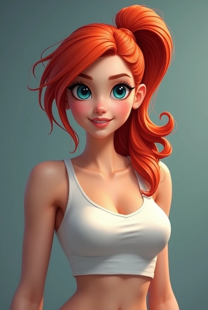 She has vibrant red hair, usually tied in a side ponytail. His eyes are big and blue, reflecting your energy and optimism. with light skin,  She has a youthful and athletic appearance, with a determined and confident posture that reflects his vibrant perso...