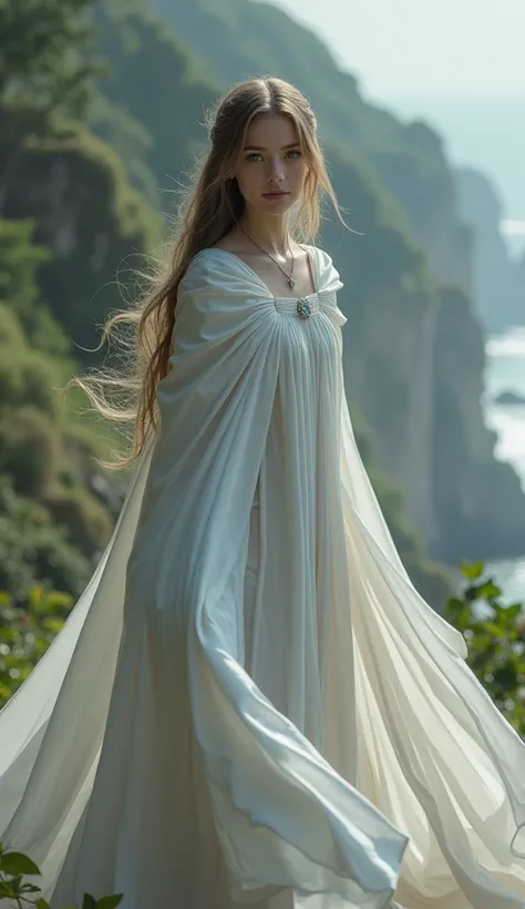 Girl in ankle length silver satin cloak tied at the neck