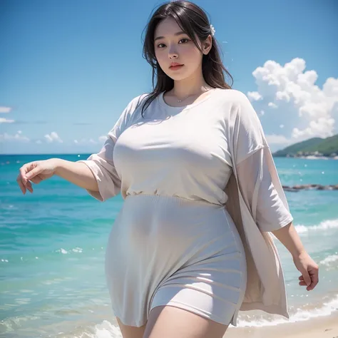 A 30-year-old chubby woman travels to the beach, dresses sexy with her female friends, not against the light.