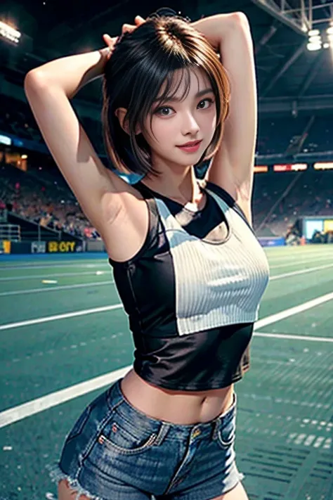 a japanese girl:1.3, short-hair, beautiful detailed eyes, beautiful detailed lips, extremely detailed eyes and face, long eyelashes, looking at camera, smile full of joy, showing teeth, showing armpits, white crop top and denim shorts:1.2, wear sneakers of...