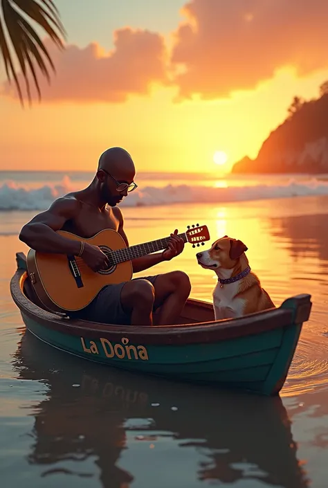 sunrise on a beach, Bald dark-skinned man with glasses playing a guitar next to a dog, in a boat named La Doña